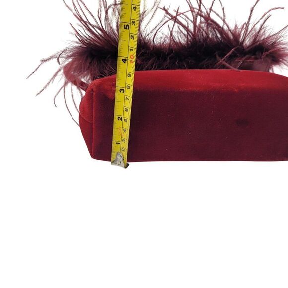 Vtg BeBe Red Maroon Wine Velvet Evening Bag Feather Fringe Formal Shoulder Bag - Picture 8 of 16